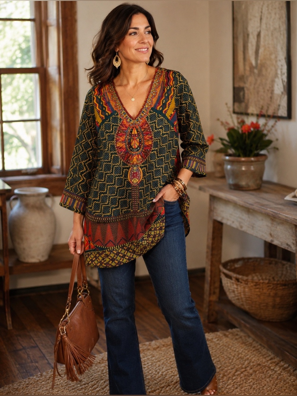 NWOT Soft Surroundings Tunic Top Dashiki Embroidered Sequins Boho Sz Small
